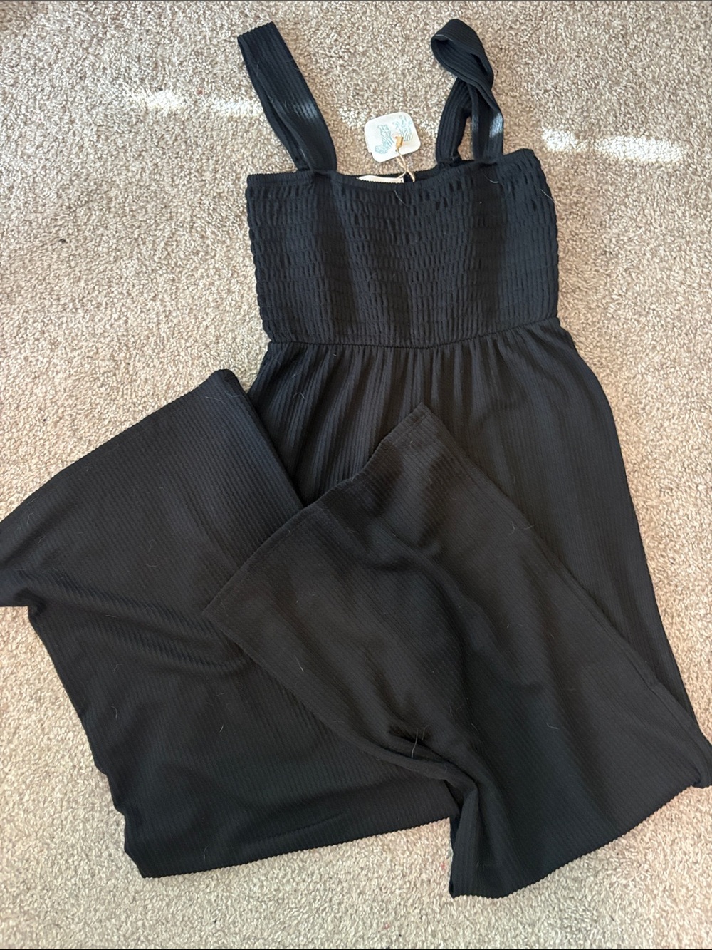 Women's Black Smocked Wide-Leg Jumpsuit with Adjustable Straps